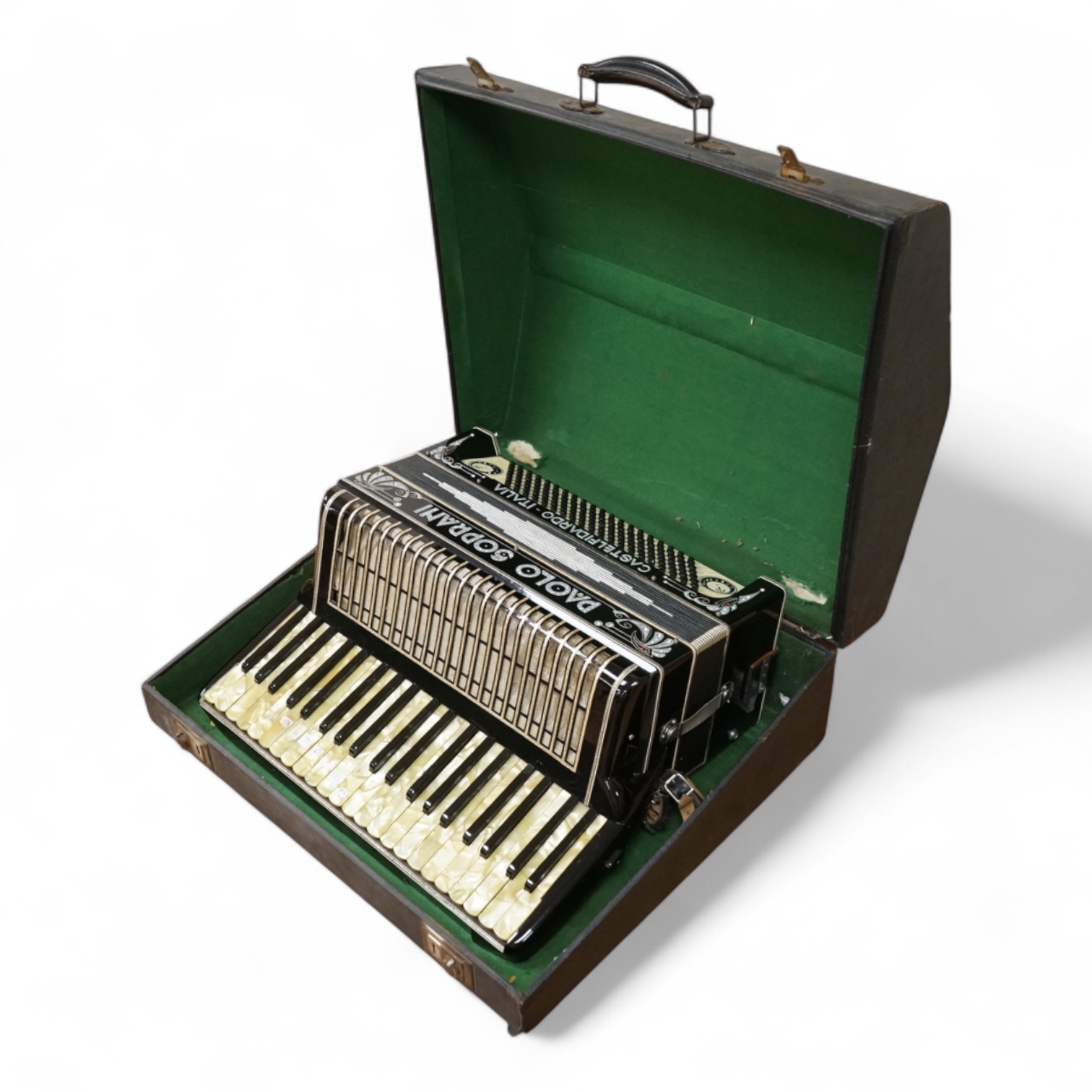A cased Paolo Soprani Castelfidardo Italia piano accordion.
